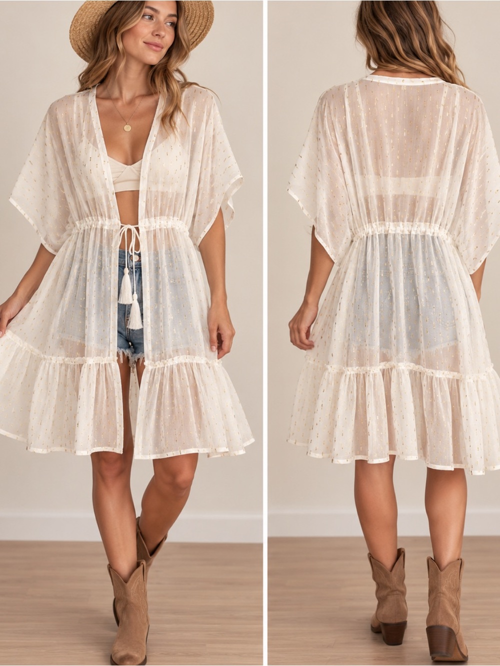 Lauren Conrad sheer ivory/gold metallic kimono robe drawstring waist ruffle OS